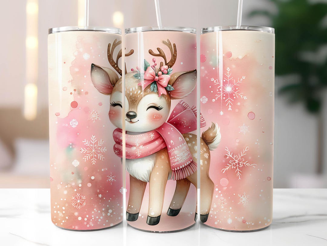 Cute Pink Reindeer Christmas 20 Oz Skinny Tumbler Wrap | Pastel Deer ...