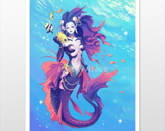 8x10 tropical fish mermaid wall art print, cute ocean aesthetic poster, sea goddess illustration, underwater fantasy bedroom decor