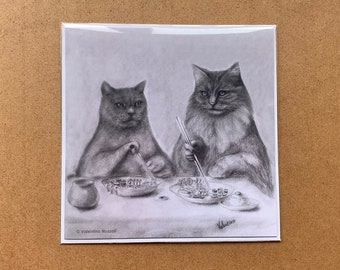 Cats eating Sushi Card: 140x140mm Square Greeting Card (Blank Inside), Birthday Day Card, Valentines Day, Art Card, Renaissance, Gnosis