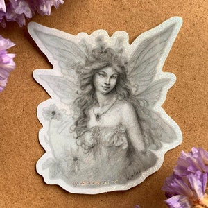 Fairy glitter sticker: holografische vinyl laptop fles elfen elf prinses spirituele magische bloemen vintage natuur originele tekenkunst