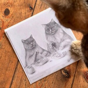 Gatos comendo sushi Cartão de felicitações: Aniversário do pai Engraçado Natureza Japonesa Animais de estimação Animal Renascença Vintage Gnose Desenho original Arte
