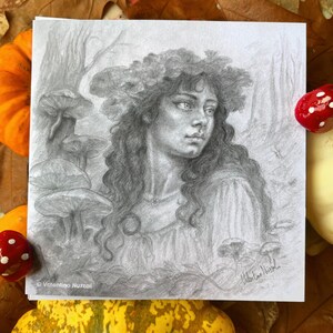 Carte de voeux fée elfe : dessin d'art original fée lutin nymphe forêt d'automne bois spirituel champignons magiques Renaissance vintage Nature