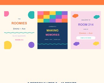 May include: A set of three 8 x 10 inch personalized prints titled BOLD ECLECTIC SET. The prints feature colorful geometric shapes, text including THE ROOMIES Emma + Ava ROOM 214, CURRENTLY MAKING MEMORIES, and WELCOME TO ROOM 214 HOME OF Emma + Ava.