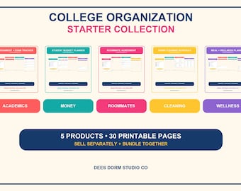 May include: A college organization starter collection featuring five digital planners: Assignment + Exam Tracker, Student Budget Planner, Roommate Agreement, Dorm Cleaning Schedule, and Meal + Wellness Planner. Includes 30 printable pages total.