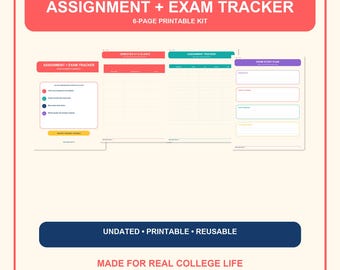 May include: A 6-page printable assignment and exam tracker kit featuring colorful headers and organized layouts. The pages include sections for semester overviews, assignment tracking, and exam study plans with the text "ASSIGNMENT + EXAM TRACKER".