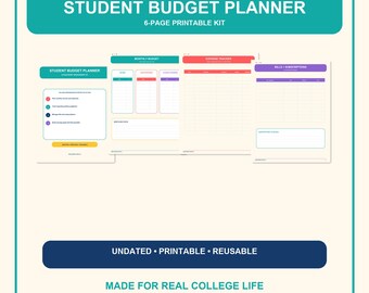 May include: A 6-page printable student budget planner kit featuring colorful templates for monthly budgets, expense tracking, and bills. The pages include headers like Student Budget Planner, Monthly Budget, Expense Tracker, and Bills + Subscriptions.