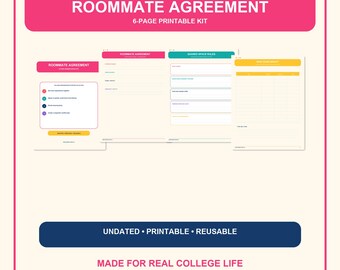 May include: A 6-page printable roommate agreement kit featuring various forms with headings like Roommate Agreement, Shared Space Rules, and Who Does What. The documents use a color-coded design with pink, teal, and yellow accents on a cream background.
