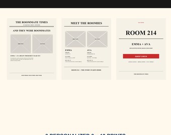 May include: A set of three personalized newspaper prints measuring 8 by 10 inches each. The off-white prints feature black text and placeholders for photos, with titles including The Roommate Times, Meet the Roomies, and Room 214 with a red accent.