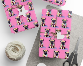 Pink Pug Puppy Wrapping Paper, Dog Lover Gift Wrap, Vibrant Animal Design