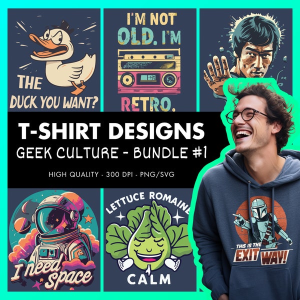 Geek Chic #1: Paquete premium de diseño de camisetas digitales de 15 piezas / Arte vectorial inspirado en la cultura pop y los juegos de palabras