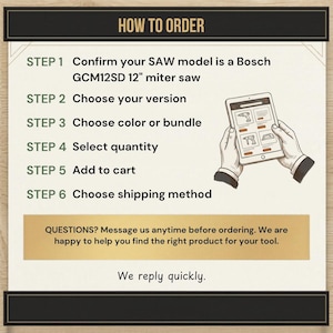 May include: An instructional graphic titled HOW TO ORDER with six steps for purchasing parts for a Bosch GCM12SD 12" miter saw. It features an illustration of hands holding a tablet displaying product options and a text box offering assistance.