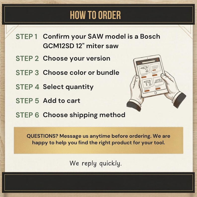 May include: An instructional graphic titled HOW TO ORDER with six steps for purchasing parts for a Bosch GCM12SD 12" miter saw. It features an illustration of hands holding a tablet displaying product options and a text box offering assistance.