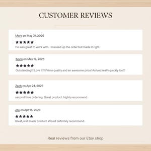 May include: A digital graphic displaying Customer Reviews with the heading CUSTOMER REVIEWS. It lists four five-star reviews from Mark, Kevin, Zach, and Joe, dated in 2026, with text comments. The bottom text reads Real reviews from our Etsy shop.