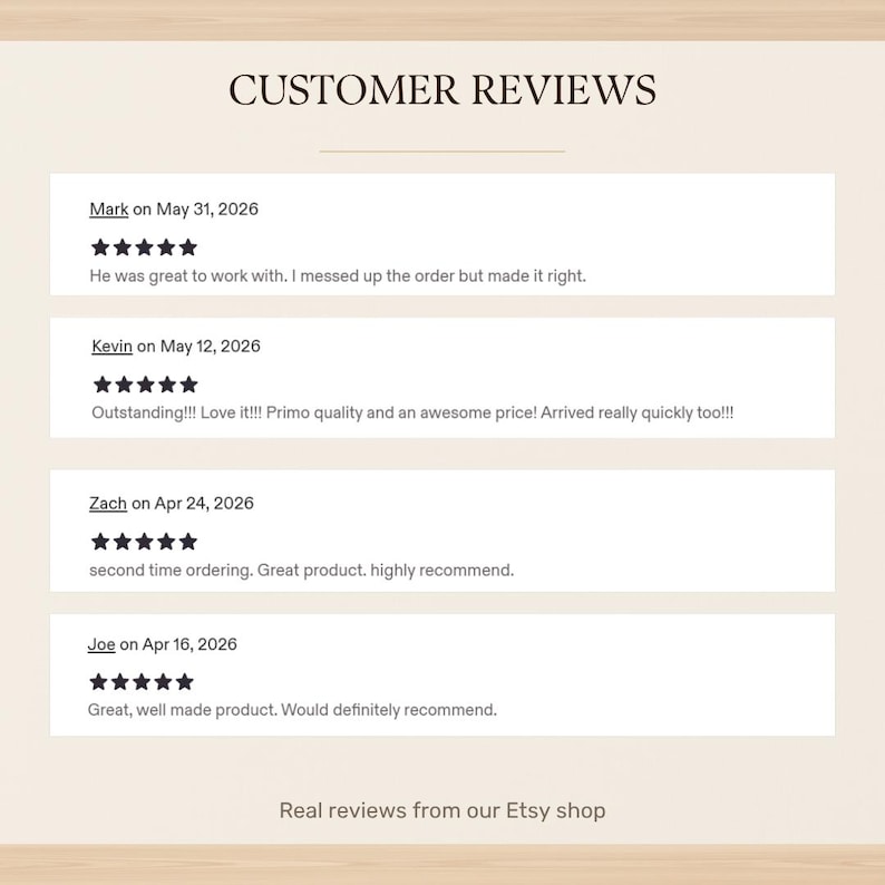 May include: A digital graphic displaying Customer Reviews with the heading CUSTOMER REVIEWS. It lists four five-star reviews from Mark, Kevin, Zach, and Joe, dated in 2026, with text comments. The bottom text reads Real reviews from our Etsy shop.