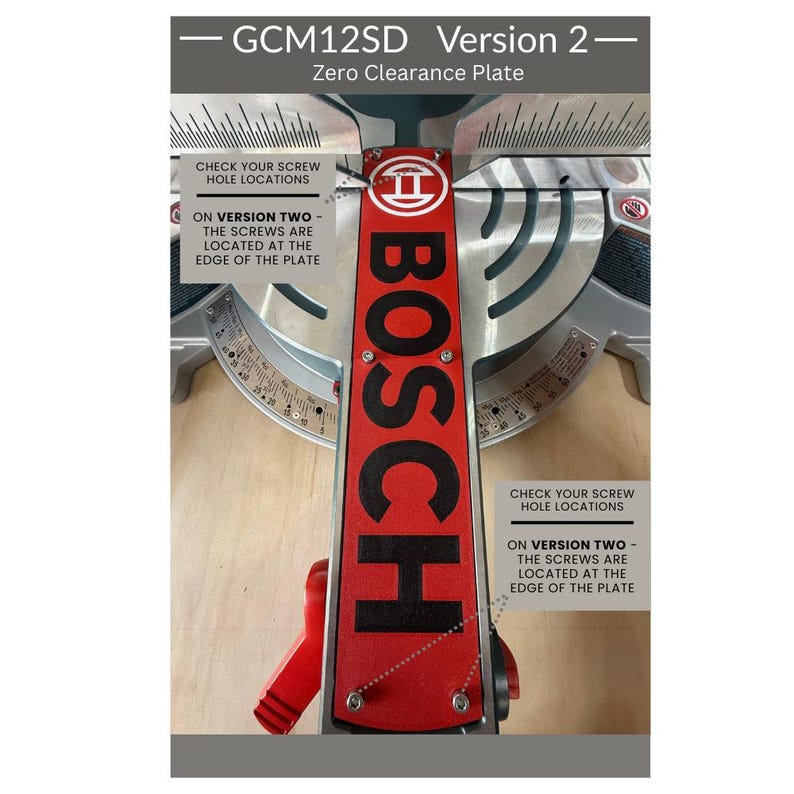 May include: A red and black Bosch GCM12SD Version 2 zero clearance plate for a mitre saw. The plate features the Bosch logo and text indicating screw hole locations at the edge of the plate. The metal component is shown installed on a saw base.