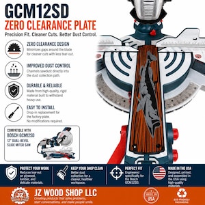 May include: A GCM12SD zero clearance plate for a 12-inch dual-bevel slide miter saw. The plate features a wood-grain pattern with a fish graphic, designed for a precision fit to minimize gaps around the blade and improve dust collection.