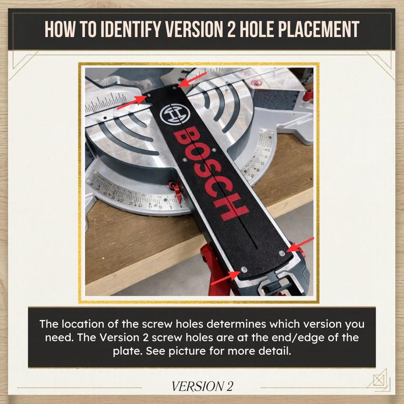 May include: A Bosch mitre saw throat plate with red arrows indicating screw hole placement for Version 2. The text reads: HOW TO IDENTIFY VERSION 2 HOLE PLACEMENT. The location of the screw holes determines which version you need. VERSION 2.