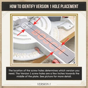 May include: A Bosch mitre saw plate with four red arrows pointing to specific screw hole locations. The text reads: HOW TO IDENTIFY VERSION 1 HOLE PLACEMENT. The location of the screw holes determines which version you need. Version 1.