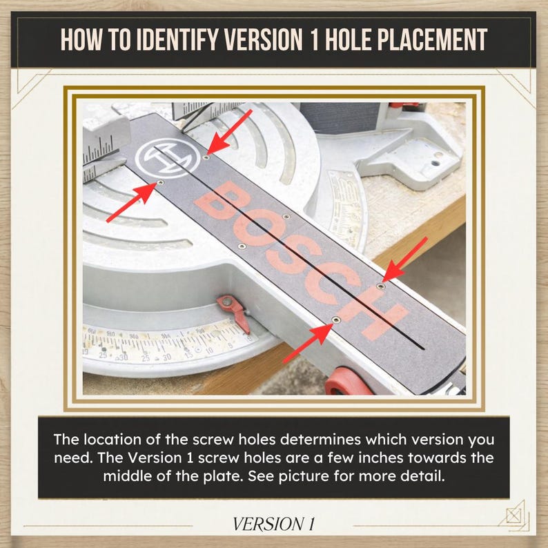 May include: A Bosch mitre saw plate with four red arrows pointing to specific screw hole locations. The text reads: HOW TO IDENTIFY VERSION 1 HOLE PLACEMENT. The location of the screw holes determines which version you need. Version 1.