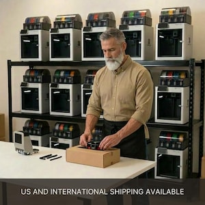 May include: A collection of white 3D printers with black accents arranged on a black metal shelving unit. Each printer features a top-mounted filament spool holder. A cardboard box sits on a white table in the foreground of the workspace.