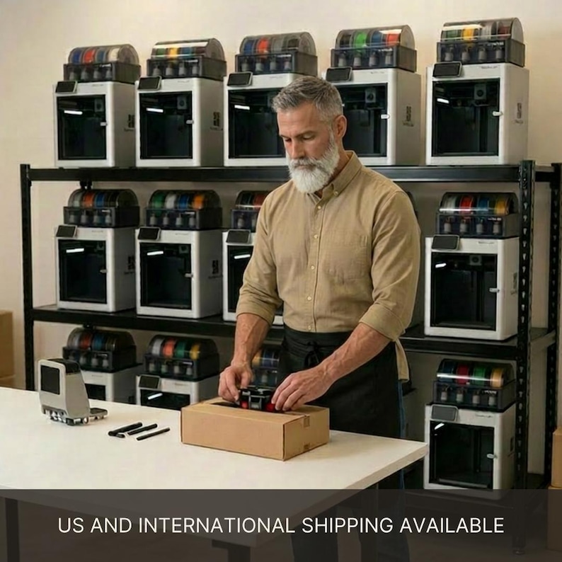 May include: A collection of white 3D printers with black accents arranged on a black metal shelving unit. Each printer features a top-mounted filament spool holder. A cardboard box sits on a white table in the foreground of the workspace.