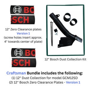 May include: A bundle for a 30.5 cm Bosch GCM12SD mitre saw including a black dust collection kit with a flexible hose, two adapters, zip ties, and screws, plus two black zero clearance plates with the Bosch logo and red text, Version 1.
