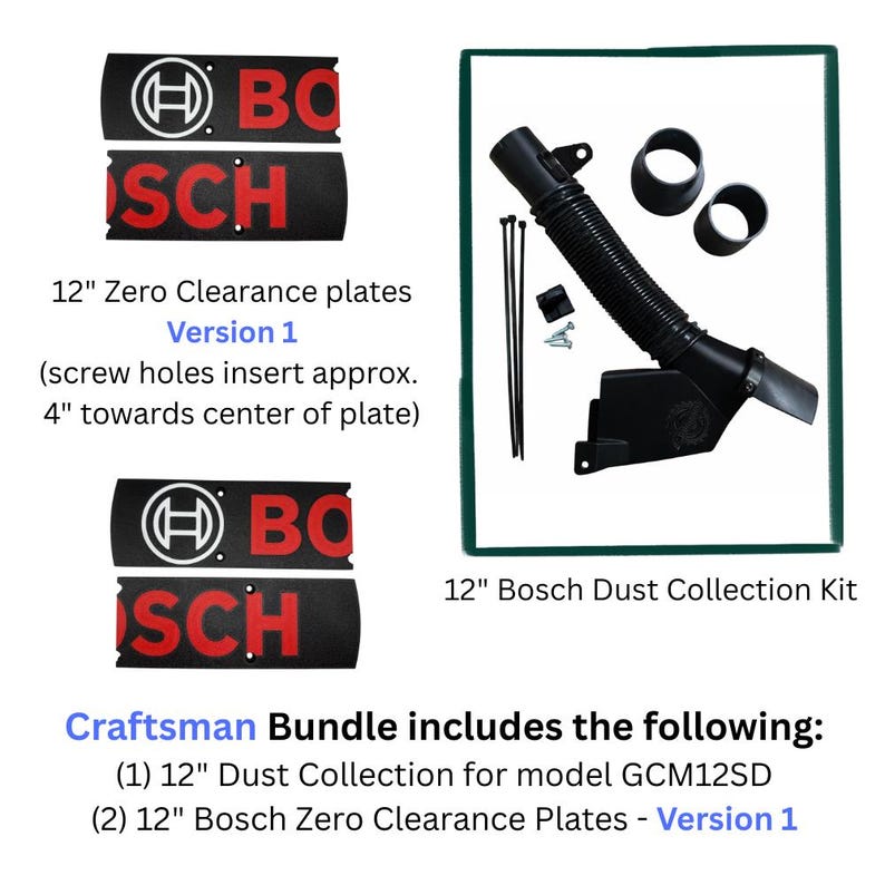 May include: A bundle for a 30.5 cm Bosch GCM12SD mitre saw including a black dust collection kit with a flexible hose, two adapters, zip ties, and screws, plus two black zero clearance plates with the Bosch logo and red text, Version 1.