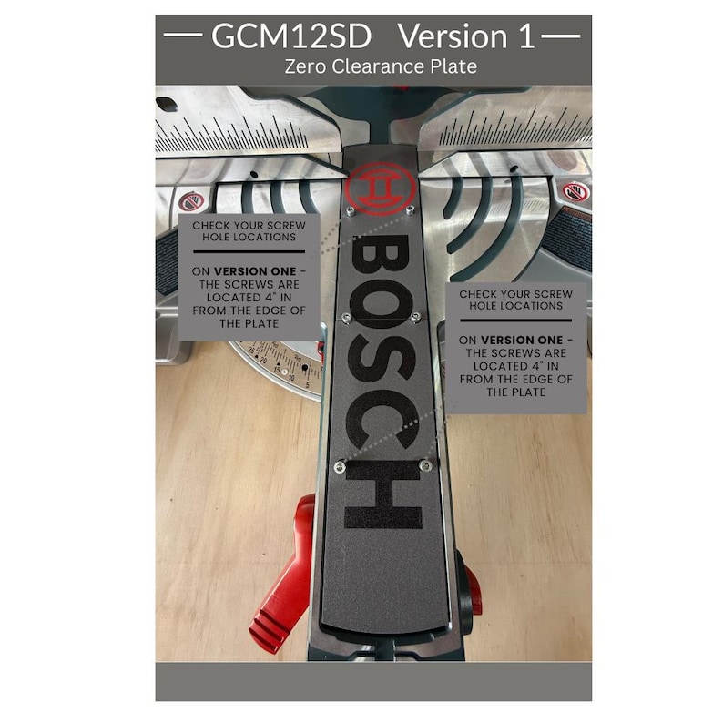 May include: A grey Bosch GCM12SD Version 1 zero clearance plate for a mitre saw. The plate features the Bosch logo and text indicating that screws are located 10.16 cm in from the edge of the plate. The component is metallic with visible screw holes.