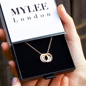 Personalised Triple Ring Necklace - Rose Gold Plated Sterling Silver - Engraved Russian Ring Necklace - Interlocking Circle Pendant Necklace