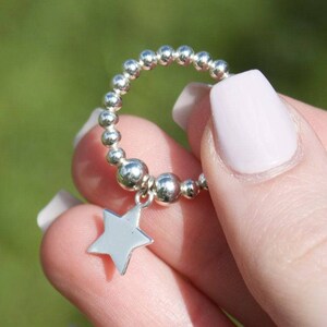 Star Ball Bead Ring - Sterling Silver - Elasticated Ring - Jewellery for Her