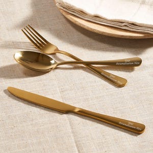 Conjunto de talheres de ouro personalizado - Talheres de presente de 3 peças gravados - Aço inoxidável