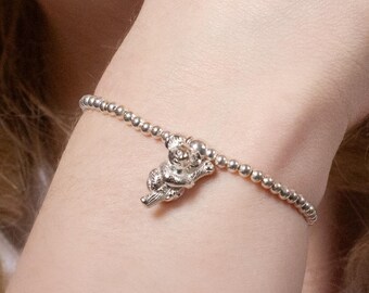 Personalised Koala Bracelet - Sterling Silver Elasticated Ball Bead Bracelet - Jewellery for Animal Lovers
