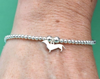 Personalised Dachshund Silhouette Bracelet - Sterling Silver Elasticated Ball Bead Bracelet - Jewellery for Dog Lovers