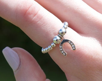 Lucky Horseshoe Ball Bead Ring - Sterling Silver - Elasticated Ring - Jewellery for Her