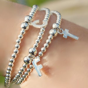 Letter Initial Bracelet - Sterling Silver - Elasticated Ball Bead Bracelet - Gift for Her - Custom Letter Bracelet