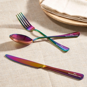 Personalised Rainbow Cutlery Set - Engraved 3-Piece Flatware Gift - Stainless Steel