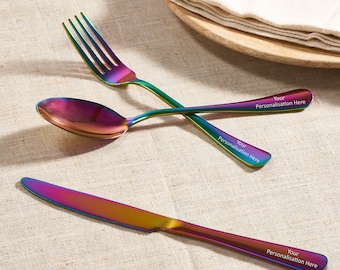 Personalised Rainbow Cutlery Set - Engraved 3-Piece Flatware - Christmas Gift