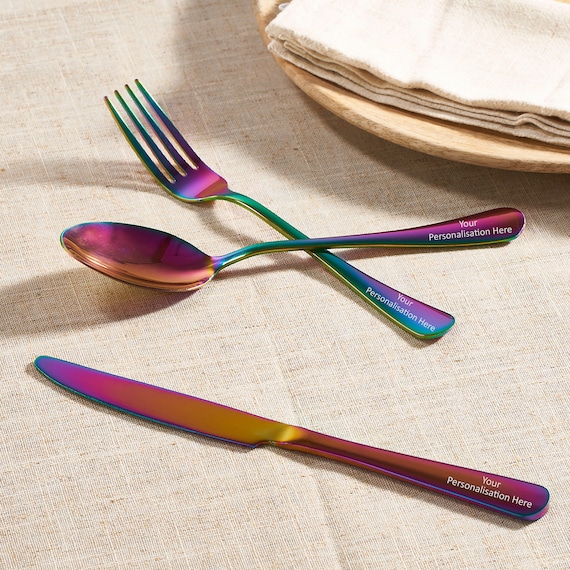 Personalisiertes Regenbogen Besteck - Graviertes 3-teiliges Besteckgeschenk - Edelstahl