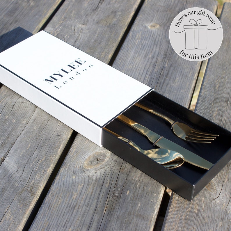 Personalised Stainless Steel Gold Cutlery Set with Mylee London Gift Box