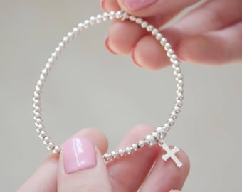 Cross Bracelet - Sterling Silver - Elasticated Ball Bead Bracelet - Gift for Her