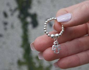 Angel on Silver Ball Bead Ring