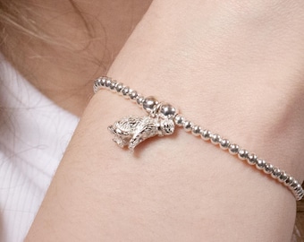 Personalised Sterling Silver Cat Bracelet – Elasticated Ball Bead, Cat Lover Jewellery