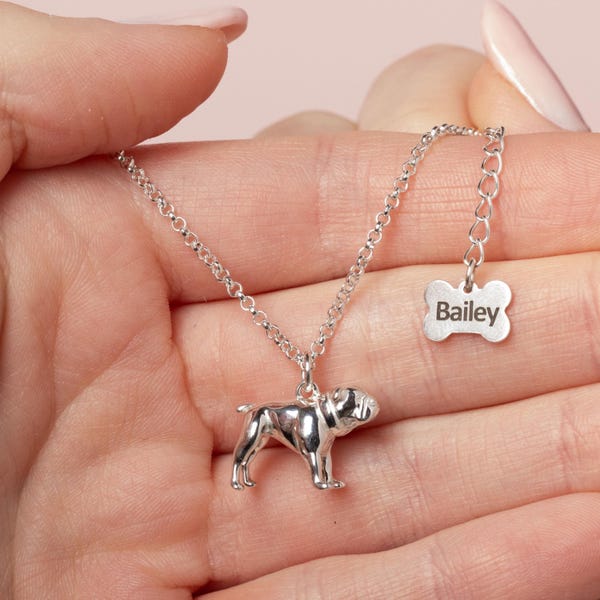 Personalised English Bulldog Silver Necklace - Custom Engraved Sterling Silver Jewellery for Dog Lovers