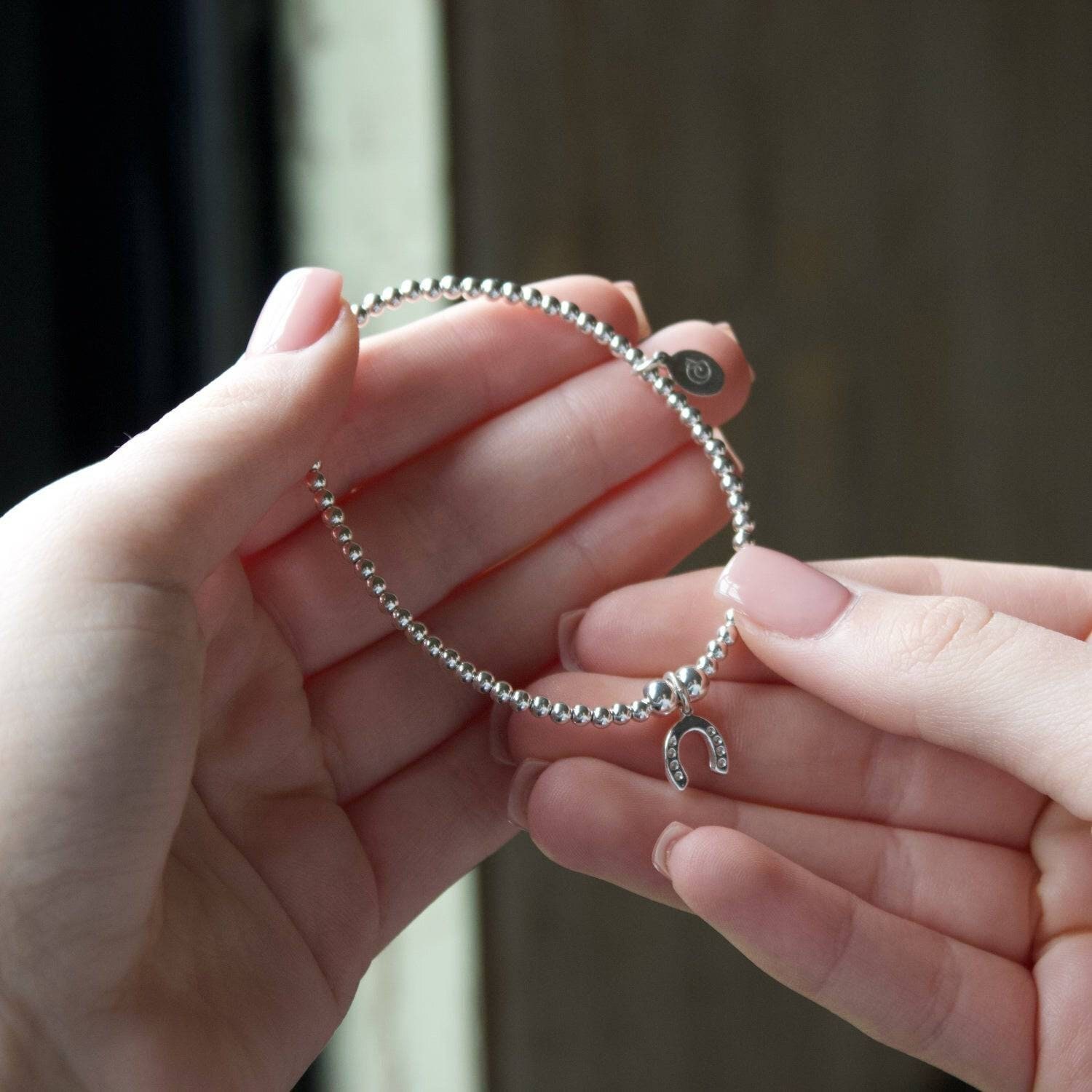 Lucky Horseshoe Bracelet - Sterling Silver - Elasticated Ball Bead Bracelet - Gift for Her