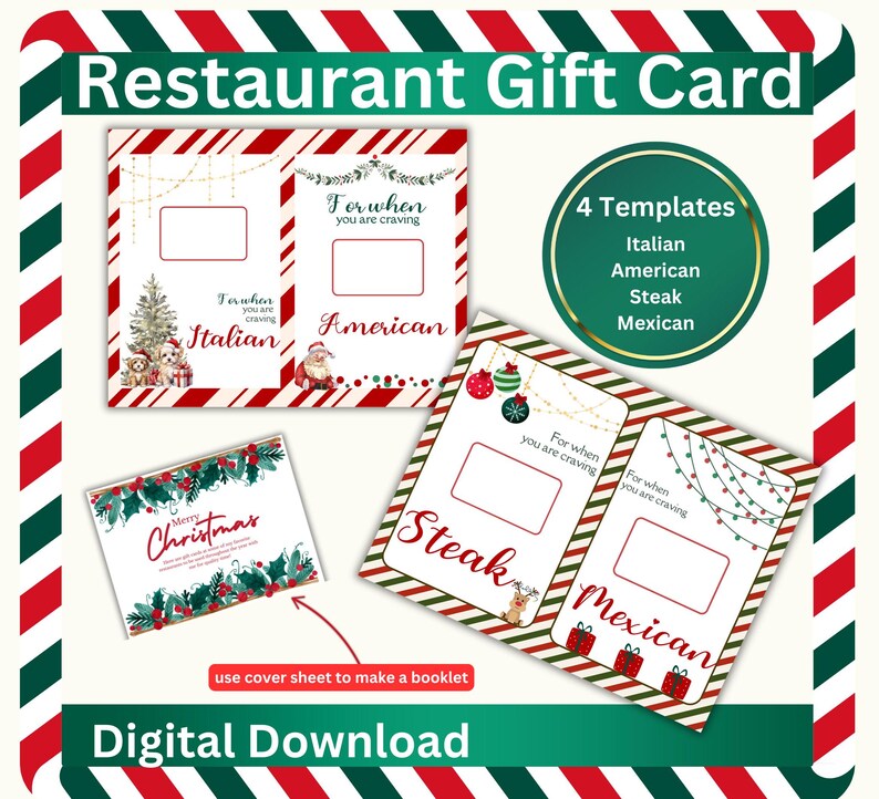 Christmas Restaurant Gift Card Templates: 4 Cuisine Designs (digital ...