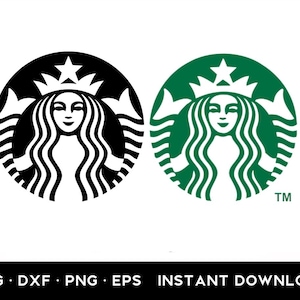 May include: Two Starbucks logos, one in black and white, the other in green and white. Both feature the iconic siren design within a circular frame. Below the logos, the text reads "SVG • DXF • PNG • EPS • INSTANT DOWNLOAD."