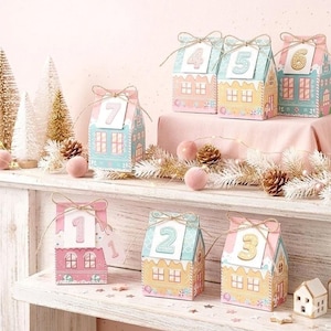 DIY Pastel Gingerbread House Advent Calendar Kit | 24 Fillable Christmas Boxes for Kids Numbers | Pink Mint Holiday Decor | Empty Treat Box
