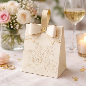 Può includere: Un sacchetto regalo in carta color crema con un disegno floreale a linee in lamina d'oro sul davanti. Il sacchetto presenta un manico in nastro dorato fissato da un perno dorato e un fiocco decorativo color crema con bordo dorato in alto.