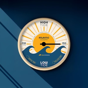 May include: A circular tide clock with a light wood frame, displaying a yellow sunburst design and blue ocean waves. The clock indicates high and low tide, with the text "Atlantic Ocean".