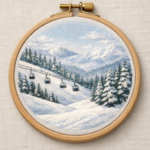 May include: Hand-stitched embroidery art in a wooden hoop. The artwork depicts a snowy mountain scene with a ski lift, evergreen trees, and a light blue sky. The embroidery uses white, blue, and green thread to create a winter landscape.